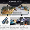Car rearview mirror with video display showing deer crossing road, features listed below.