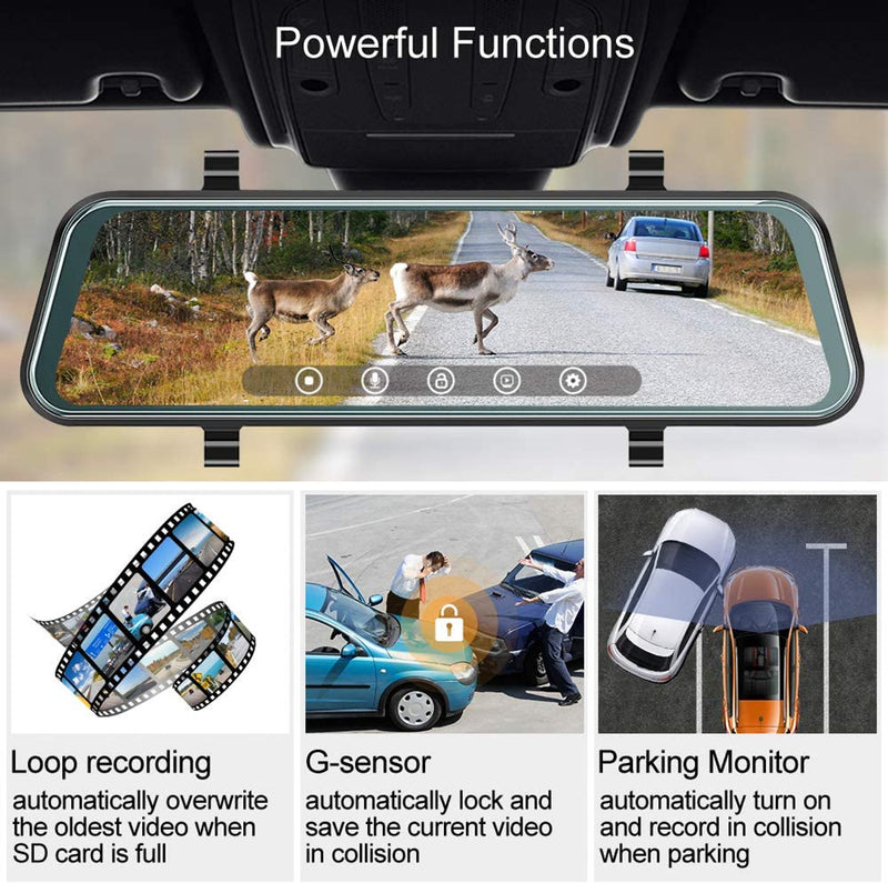 Car rearview mirror with video display showing deer crossing road, features listed below.