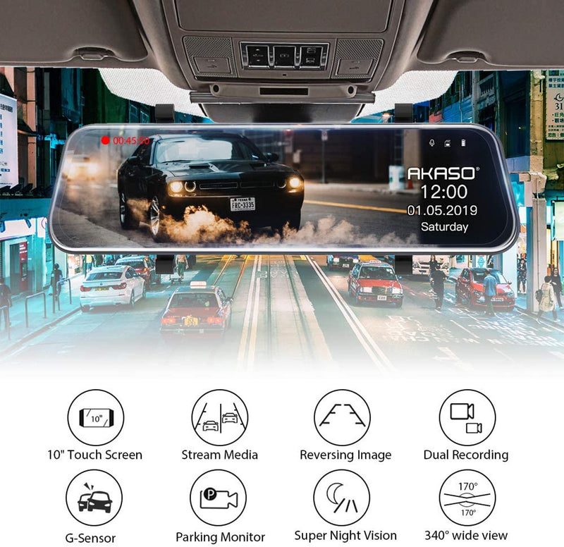 Car dashboard with a rearview mirror displaying dash camera.