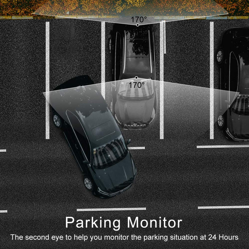 Car parked in a parking space with a parking monitor system above it, showing a 170-degree view.