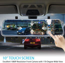 Car rearview mirror with touch screen displaying traffic scene, hand pointing at screen.