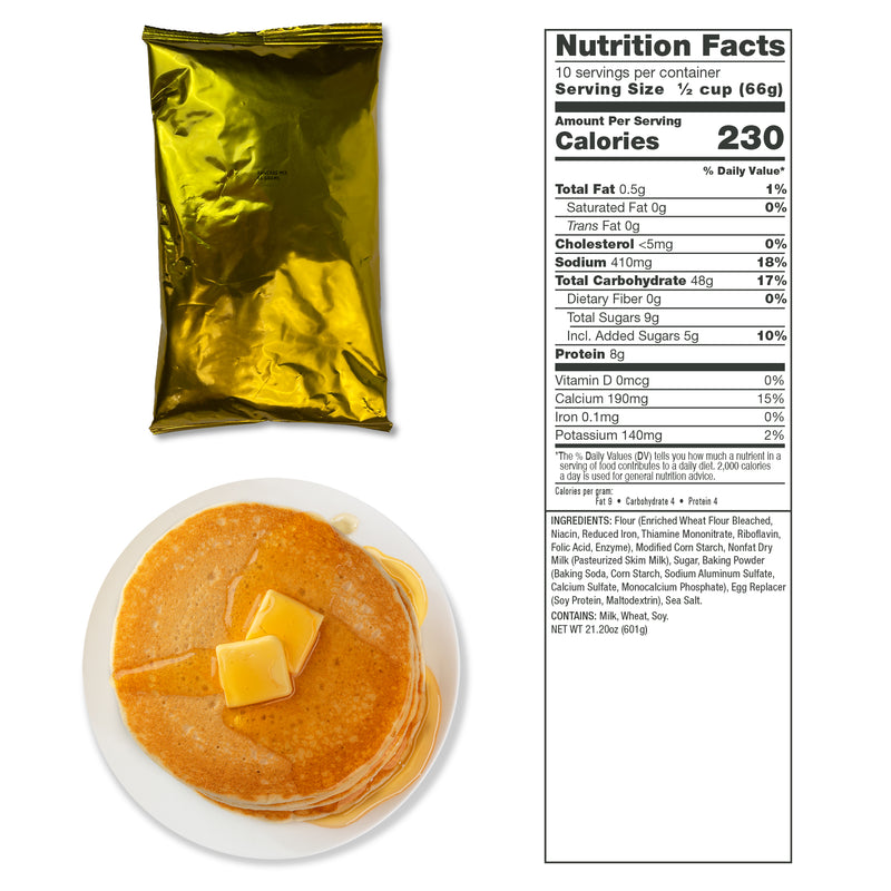 Survival food option pancake mix paccked inside sealed bag.