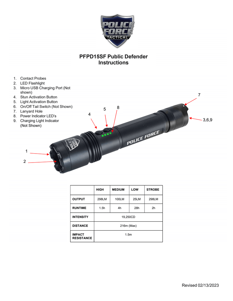 Instructions for the Police Force Defender stun flashlight.