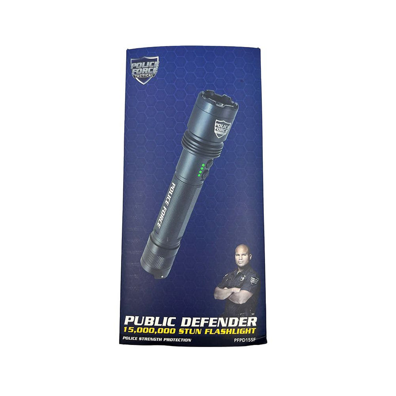 Packaging for the Police Force Defender stun flashlight.