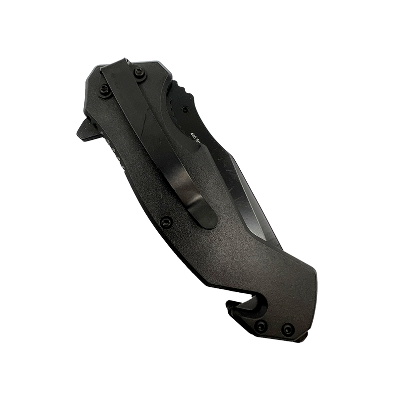 Black skull punisher brand folding knife in the closed position includes belt clip.