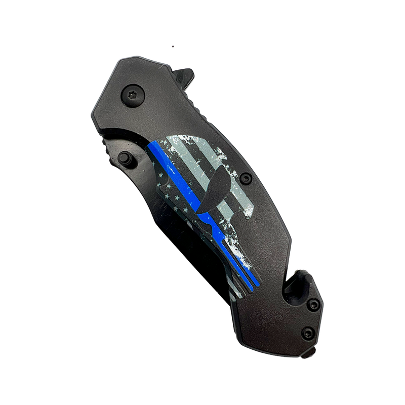 Black skull punisher brand folding knife in the closed position.