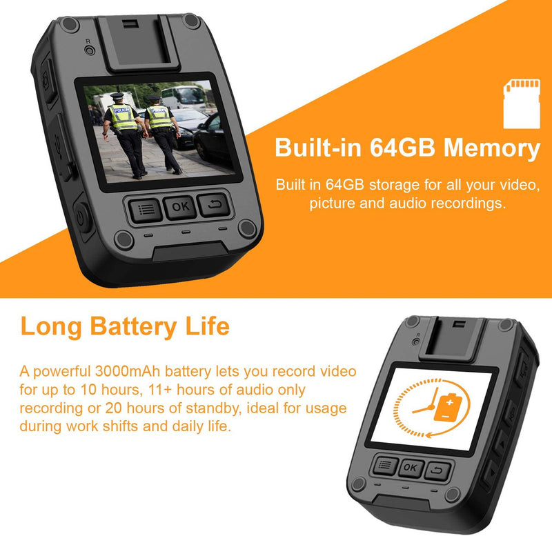 Body camera video recorder with 64GB memory and long battery life on an orange and white background