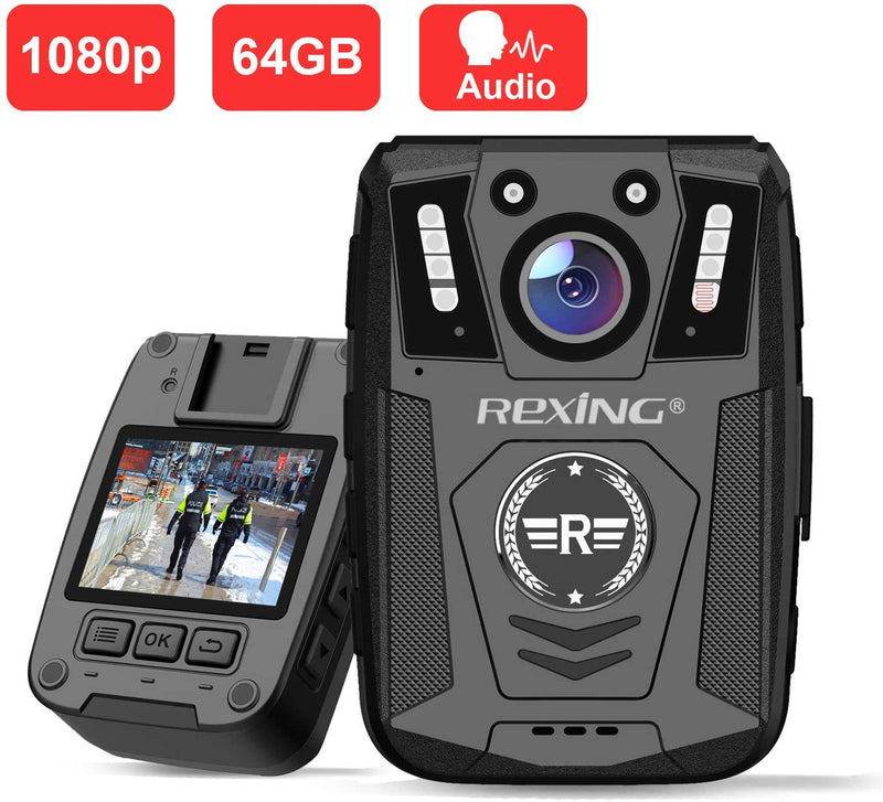 Professional body camera with screen and Rexing logo on a white background
