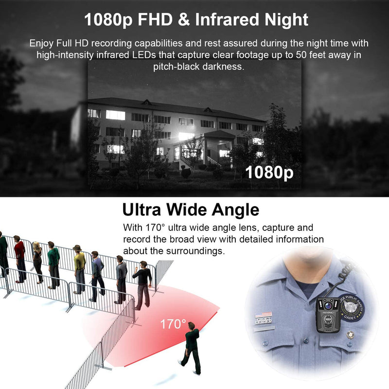 Product advertisement for a security camera with night vision and wide-angle lens features.
