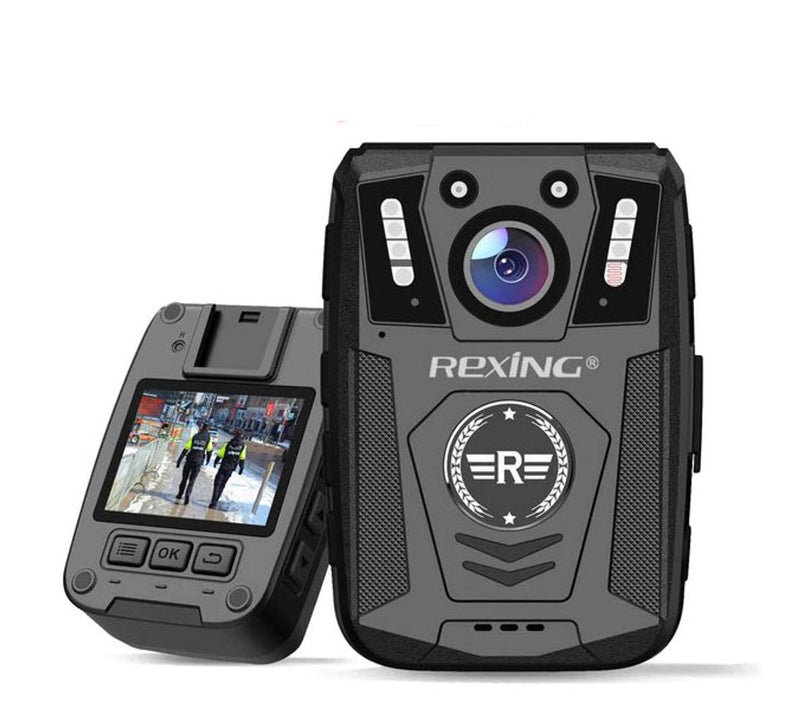 Body camera with screen and Rexing logo on a white background