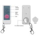 Barking dog alarm pictured alongside its wireless remote used to adjust settings and trigger alarm modes.
