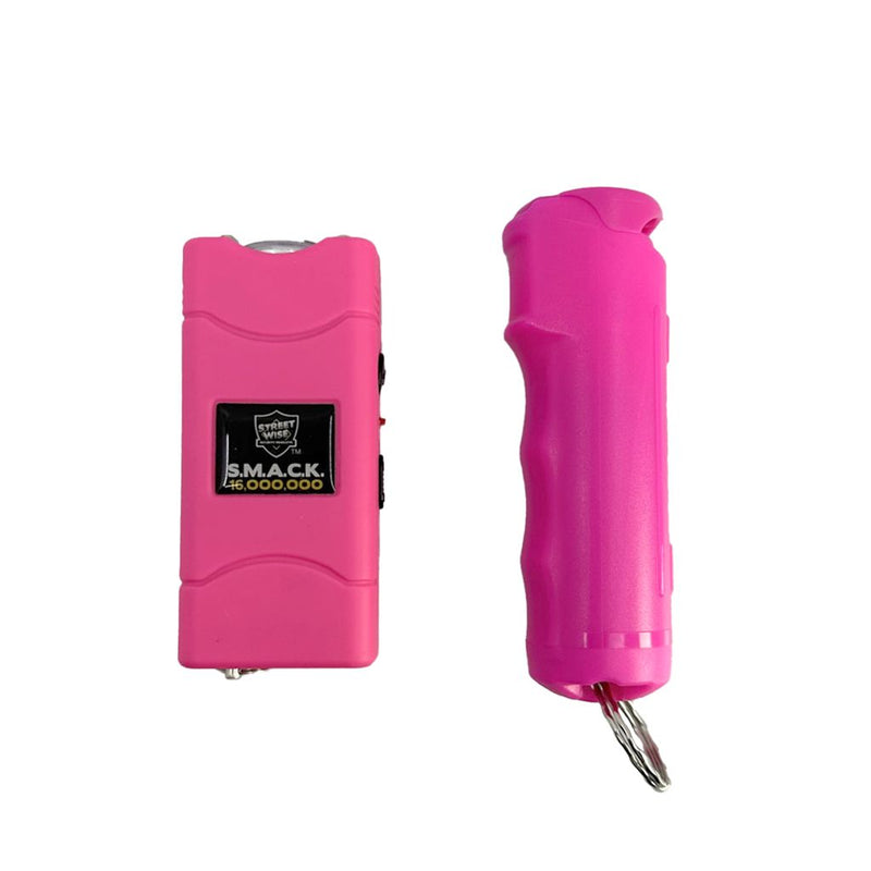 Powerful stun gun and gel pepepr spray bundle for women and men self defense protection color hot pink.