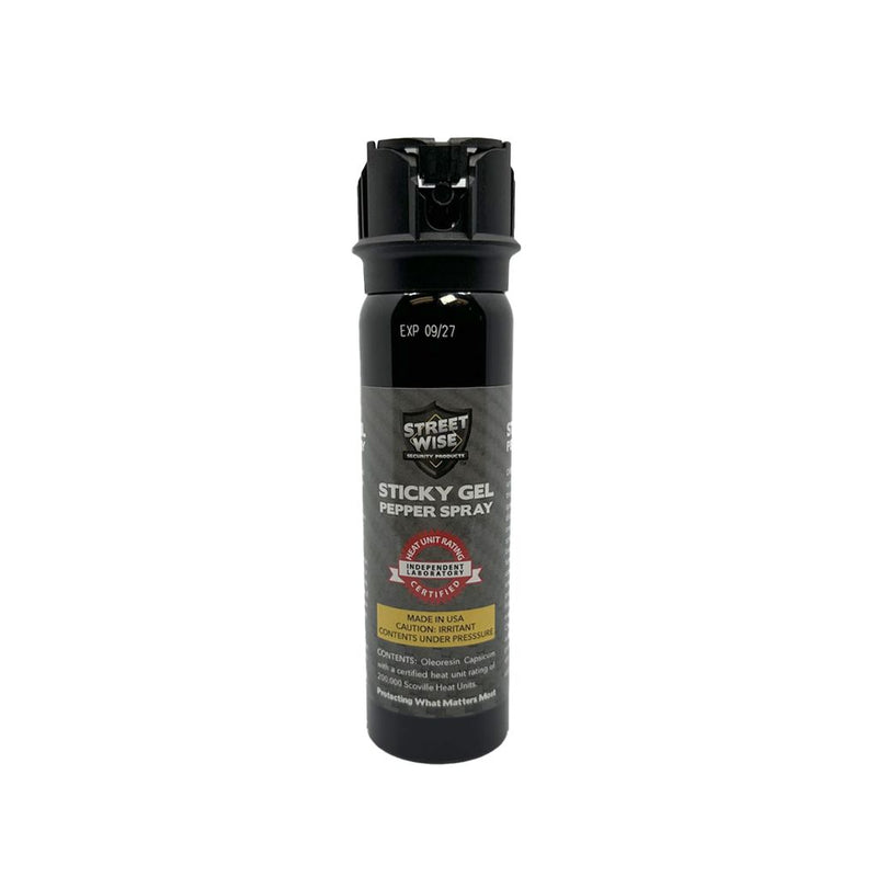 Black pepper spray canister with visible branding on a white background