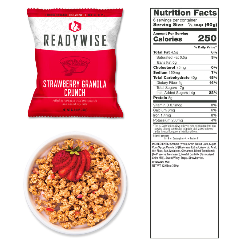 Emergency food strawberry granola crunch packed inside sealed bag.