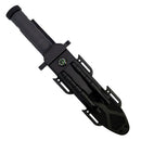 Black tactical survival knife with sheath on a white background