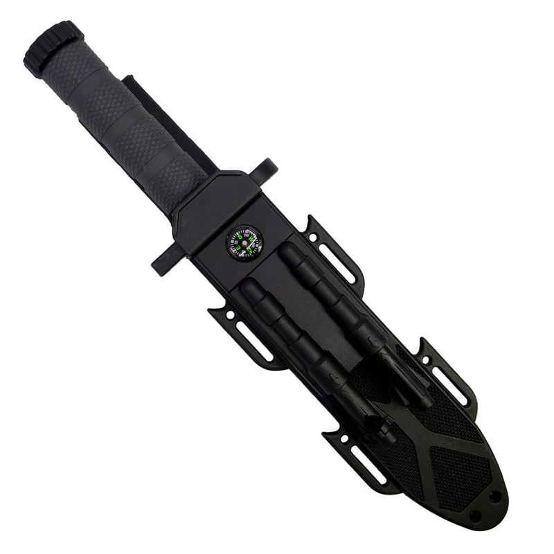 Black tactical survival knife with sheath on a white background