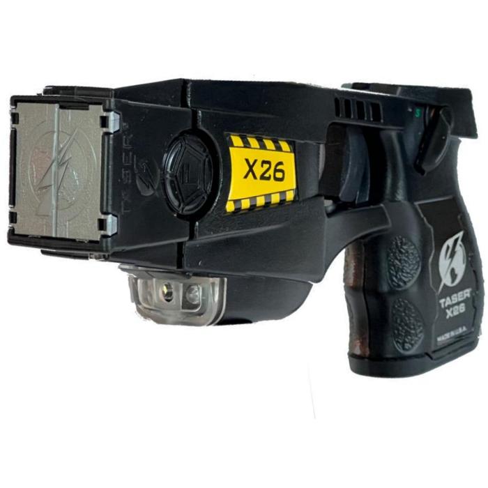 Taser Axon X26 professional series model  in colors black, yellow, and clear.