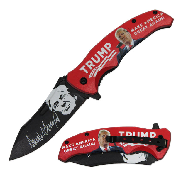 Trump MAGA open assist knife with clip in color red.