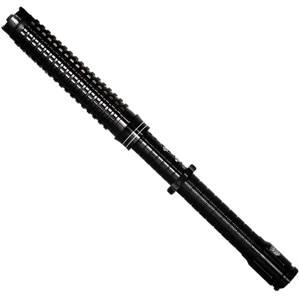 Black long handle stun gun baton that extends in length with bright flashlight.