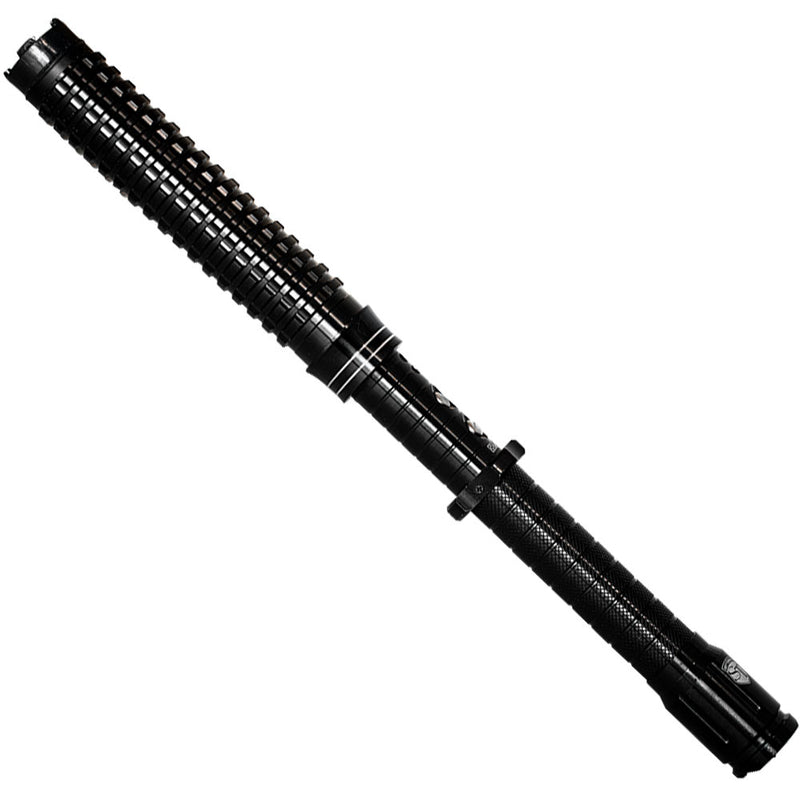Black long handle stun gun baton that extends in length with bright flashlight.