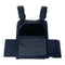 Black tactical vest platte carrier with multiple straps and pouches back view.
