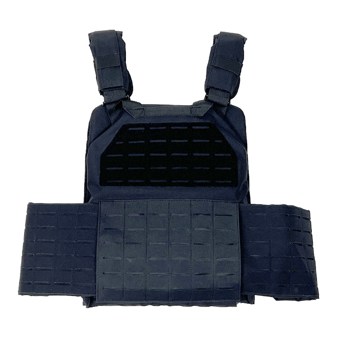 Black tactical vest platte carrier with multiple straps and pouches back view.