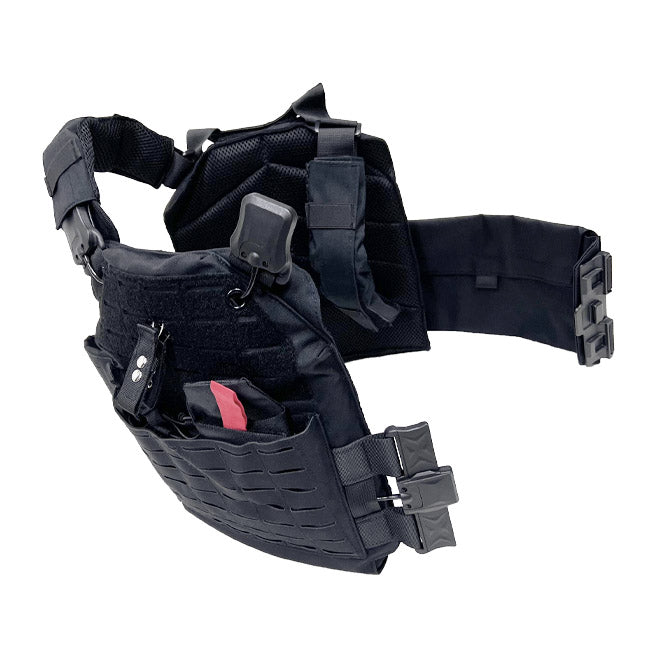 Black tactical vest platte carrier with multiple straps and pouches open view.