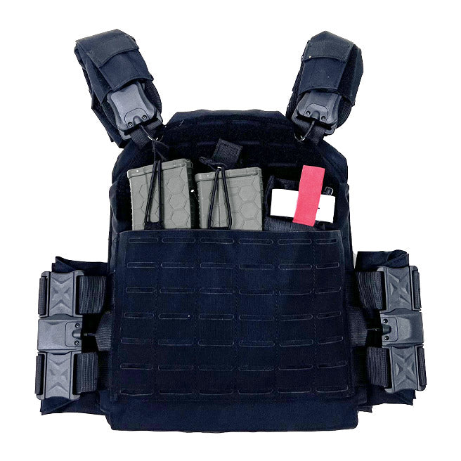 Black tactical vest platte carrier with mags shown.