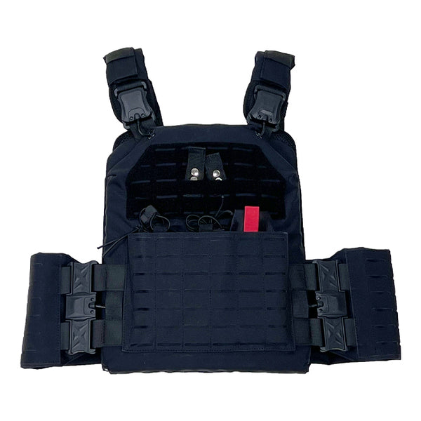 Black tactical vest platte carrier with multiple straps and pouches.