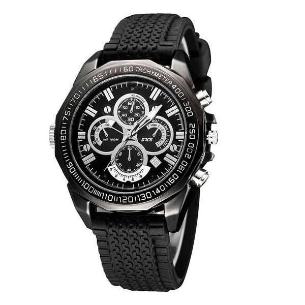 Black wristwatch with built-in disguised spy hidden camera.