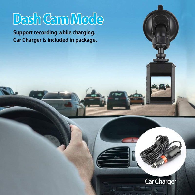 Car dashboard with a dash cam and car charger, showing a road scene.