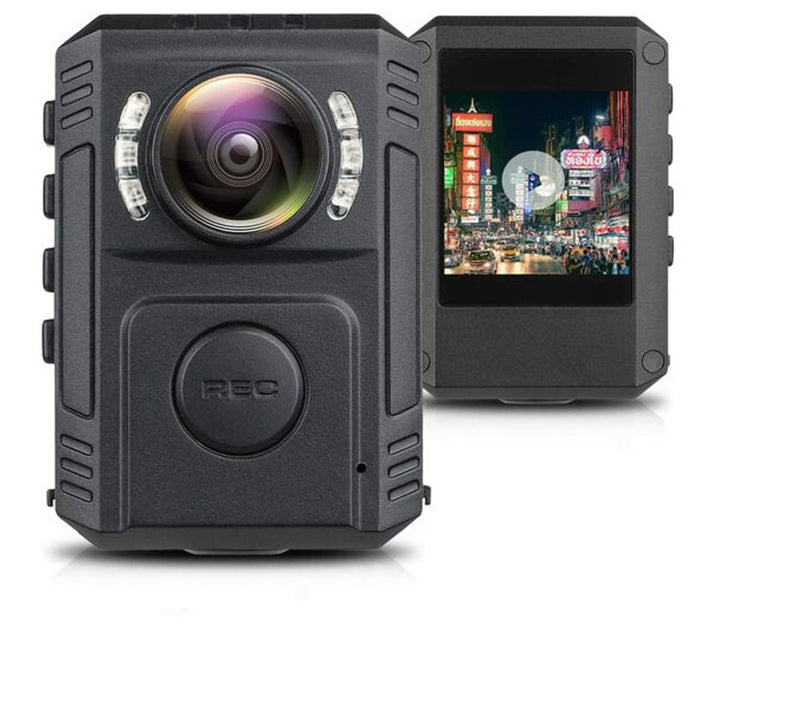 Body camera with screen displaying a cityscape on a white background