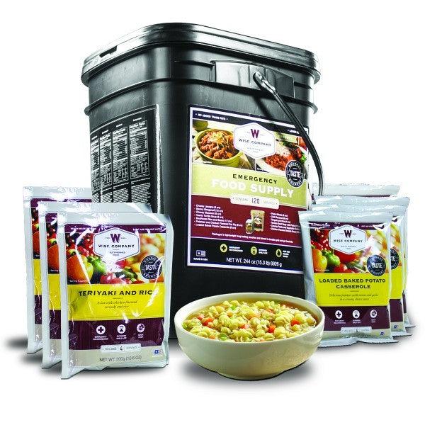 Emergency preparedness survival bucket of entree foods with 25 year shelf life.