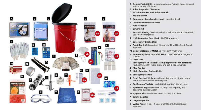 1 to 4 person survival bucket kit for discounted prices.