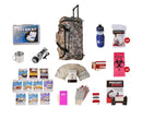 Survival kit with 44 meals of food and other supplies in a wheel camo bag.