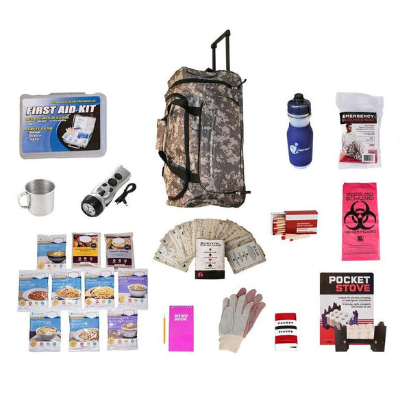 Survival kit with 44 meals of food and other supplies in a wheel camo bag.