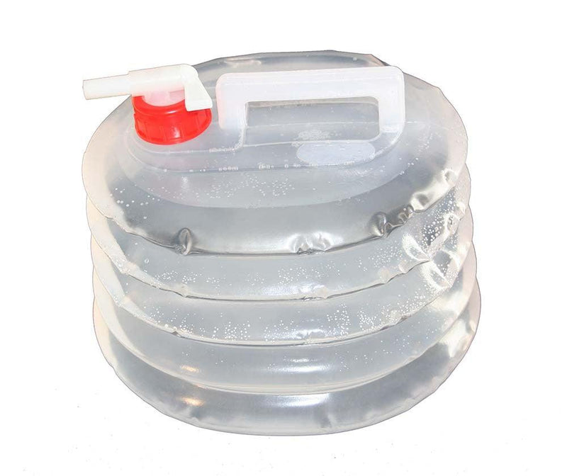 5 quart water jug with collapsible design and spigot on top for pouring for survival kits.