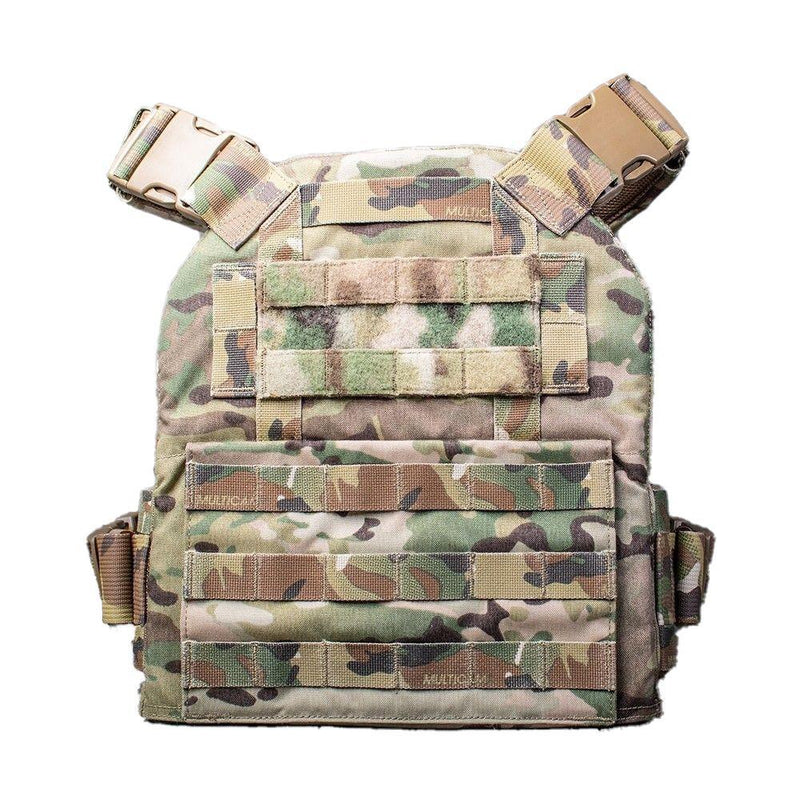 The AR500 Armor Veritas modular plate carrier shown in the multi-camo design color view of the back side.