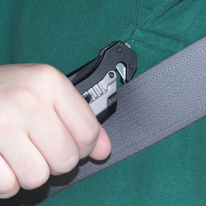 Bulk wholesale pricing for emergency survival multi purpose use knife. Shown cutting a seat belt.