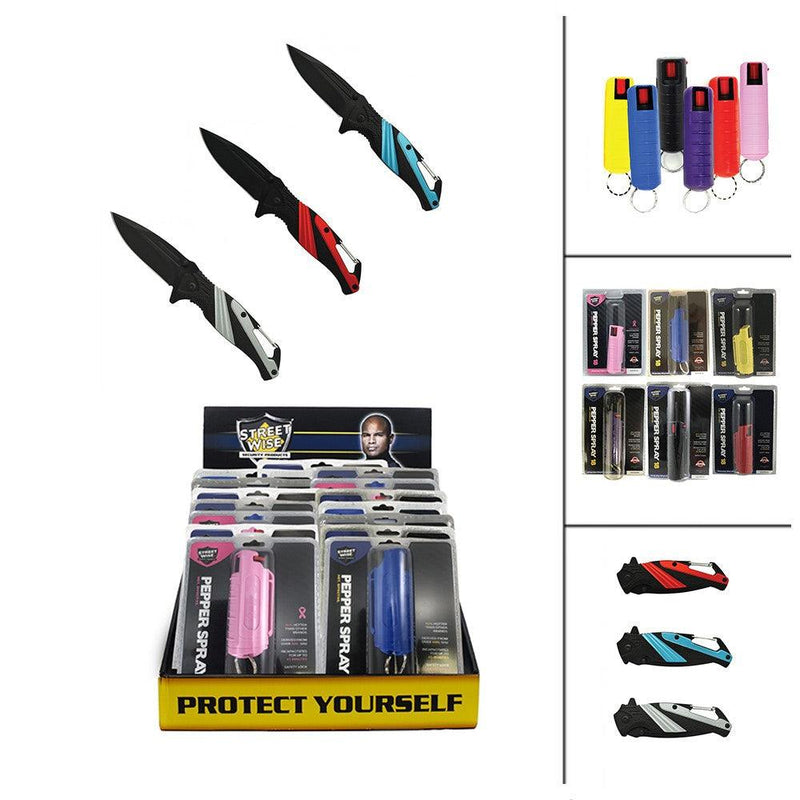 Bulk wholesale discount pricing for hard-case key-chain pepper sprays and carabiner folding stainless steel knives sold as a bundle.