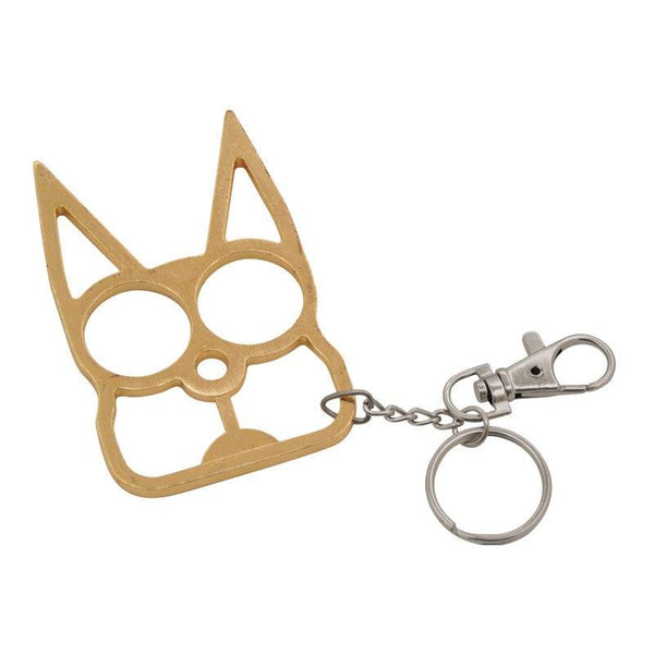 Bulk wholesale discount pricing for the color gold steel cat self defense key-chain.