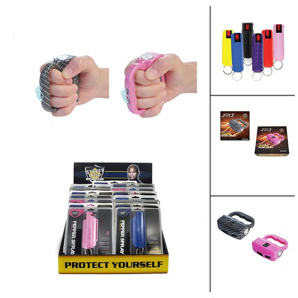 Bulk wholesale discount pricing for the Jolt Protector HD stun guns with hard-case pepper sprays for women and men.