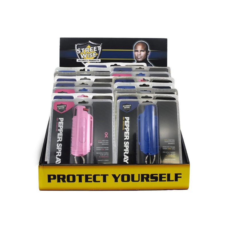 Hardcase pepper spray available in 6 different colors and bulk, wholesale discounted prices. Excellent for your self-defense. Shown with display case.