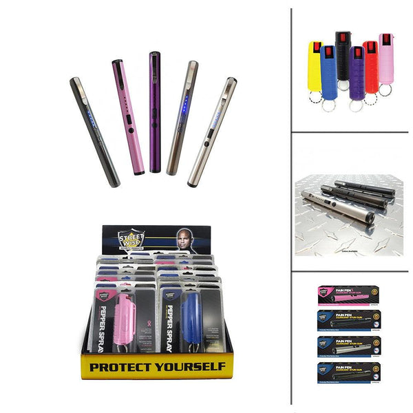 Bulk wholesale with discount pricing for pain pen stun guns and hard-case pepper sprays bundled together.