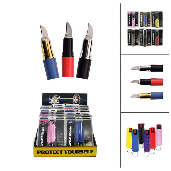 Bulk wholesale pricing for hardcase pepper sprays and femme fatale lipsticks with hidden knife.