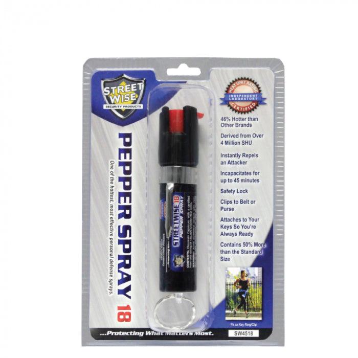 Bulk wholesale discount pricing for Streetwise pepper spray with pocket clip and key-chain with packaging shown.