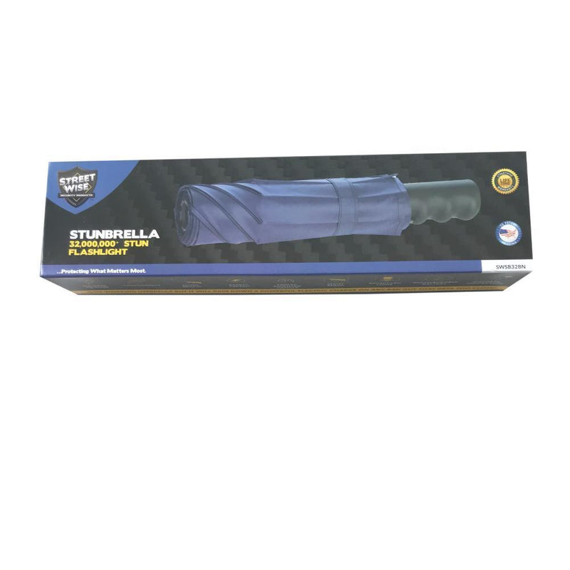 Packaging for the blue stunbrella stun gun and umbrella.