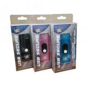 USB stun guns shown with packaging. Available in black, pink and teal colors for discounted and bulk wholesale prices.