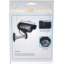 Fake dummy camera with black color housing has red flashing light. Packaging details.