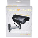 Fake dummy camera with black color housing has red flashing light. Shown with packaging.
